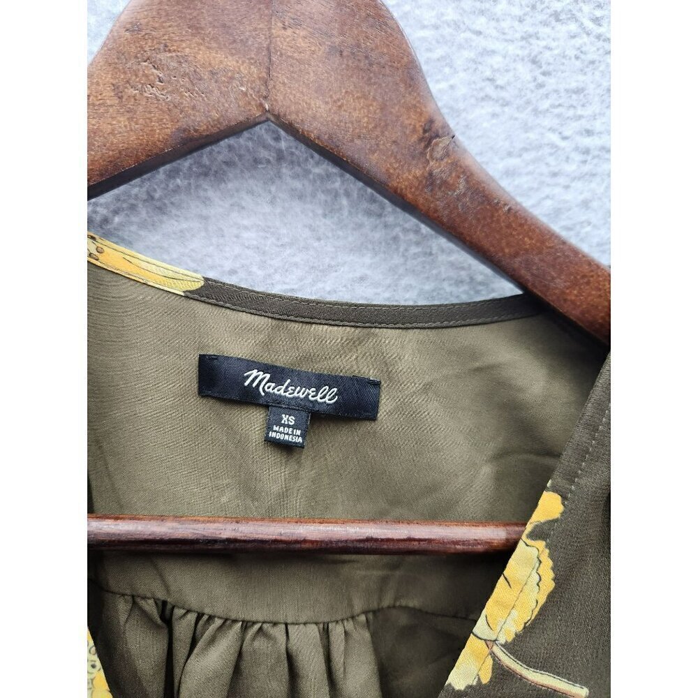 Madewell Womens XS Olive Green Floral Wrap Blouse With Tie Waist & Sheer Sleeves - Picture 3 of 4
